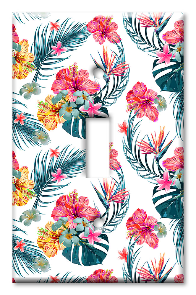 Art Plates - Decorative OVERSIZED Switch Plates & Outlet Covers - Pink Flowers with Palm Fronds