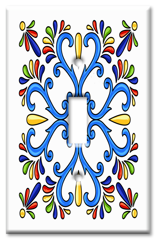 Art Plates - Decorative OVERSIZED Switch Plate - Outlet Cover - White / Blue Mexican Talavera Tile Print