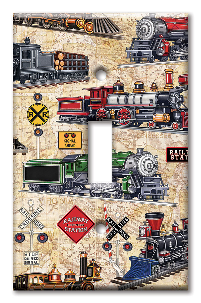 Art Plates - Decorative OVERSIZED Switch Plate - Outlet Cover - Steam Locomotives (tan) - Image by Dan Morris