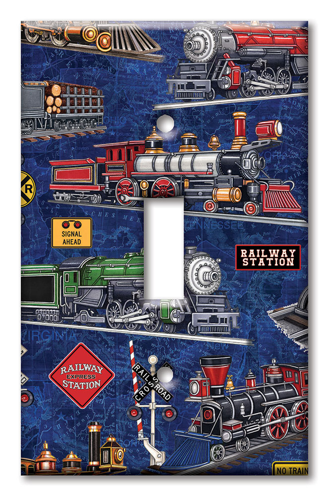 Art Plates - Decorative OVERSIZED Switch Plate - Outlet Cover - Steam Locomotives (blue) - Image by Dan Morris
