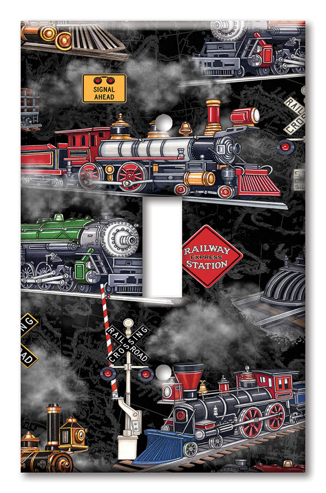 Art Plates - Decorative OVERSIZED Switch Plate - Outlet Cover - Steam Locomotives (black) - Image by Dan Morris