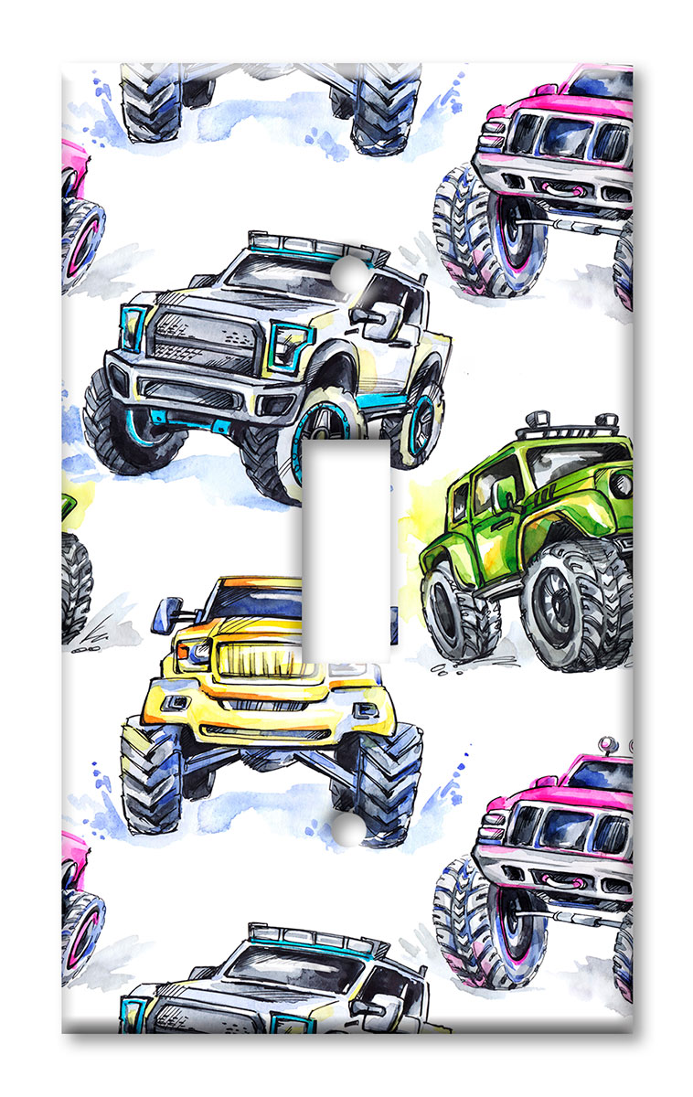 Art Plates - Decorative OVERSIZED Switch Plates & Outlet Covers - Monster Trucks Watercolor
