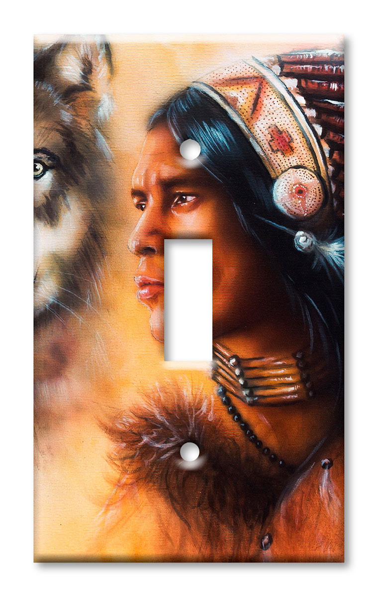 Art Plates - Decorative OVERSIZED Switch Plate - Outlet Cover - Wolf and Indian Chief