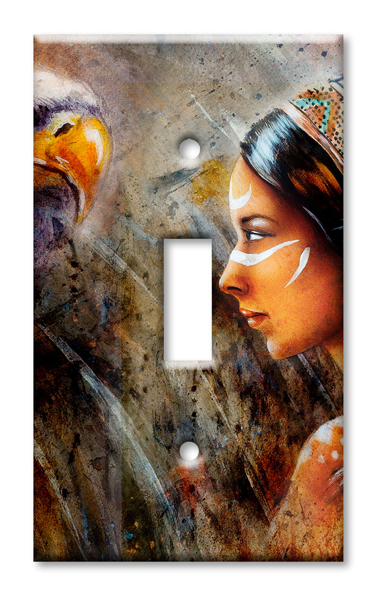 Art Plates - Decorative OVERSIZED Wall Plate - Outlet Cover - Indian Woman and Eagle
