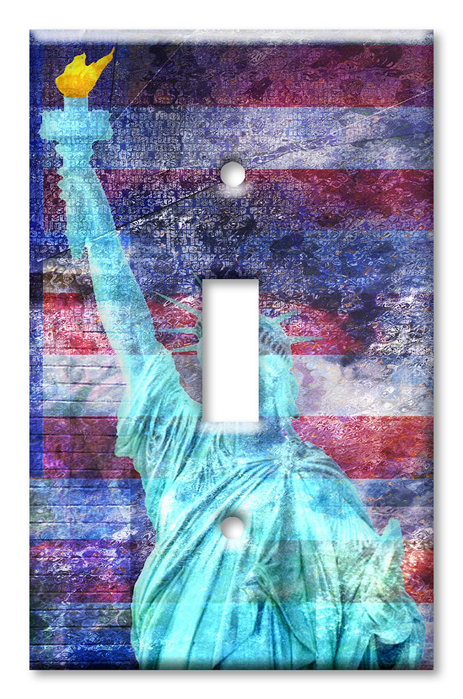 Art Plates - Decorative OVERSIZED Switch Plate - Outlet Cover - Statue of Liberty with Flag Background