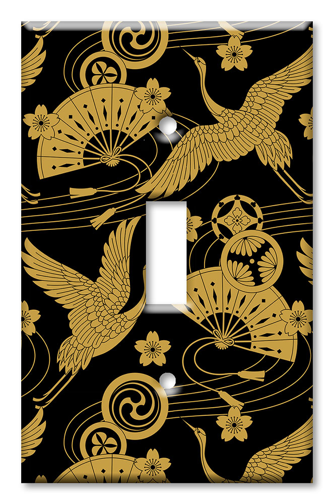 Art Plates - Decorative OVERSIZED Wall Plates & Outlet Covers - Black and Gold Crane