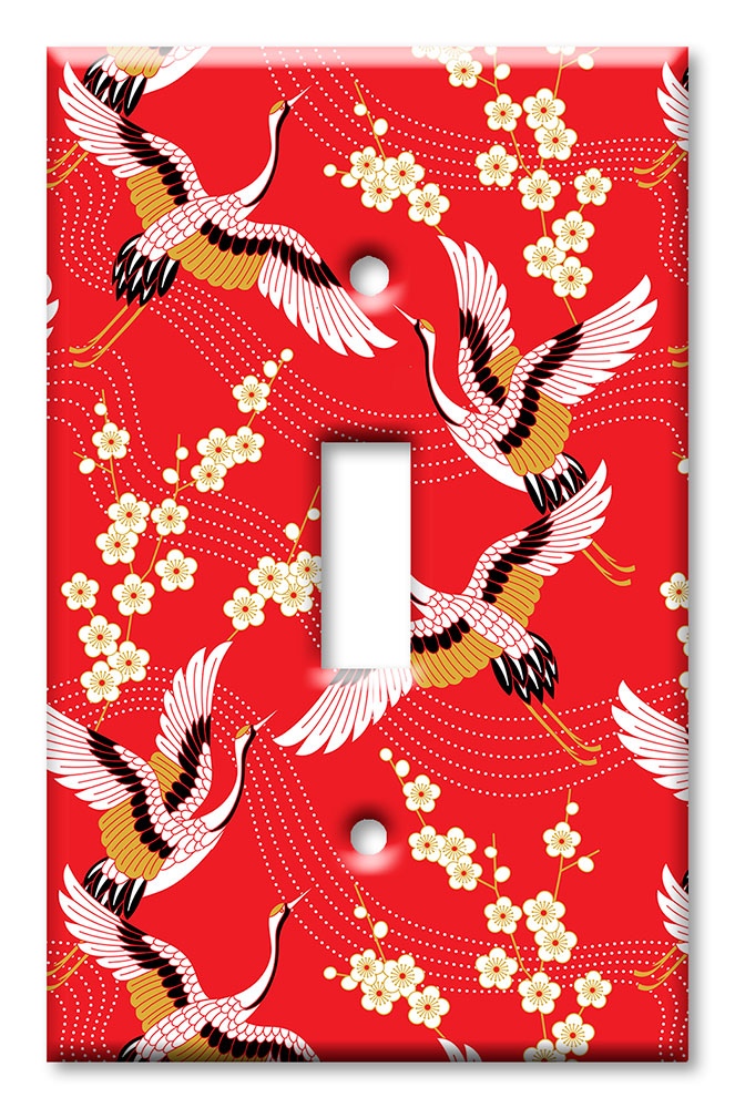 Art Plates - Decorative OVERSIZED Switch Plate - Outlet Cover - Red, White and Gold Cranes