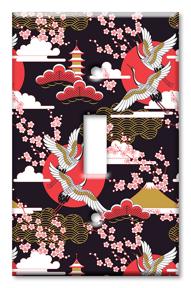 Art Plates - Decorative OVERSIZED Switch Plate - Outlet Cover - Red, White and Gold Flying Cranes
