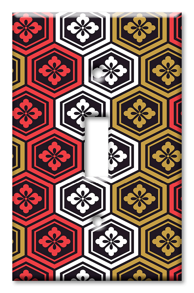 Art Plates - Decorative OVERSIZED Switch Plate - Outlet Cover - Red, White and Gold Hexagon Flower