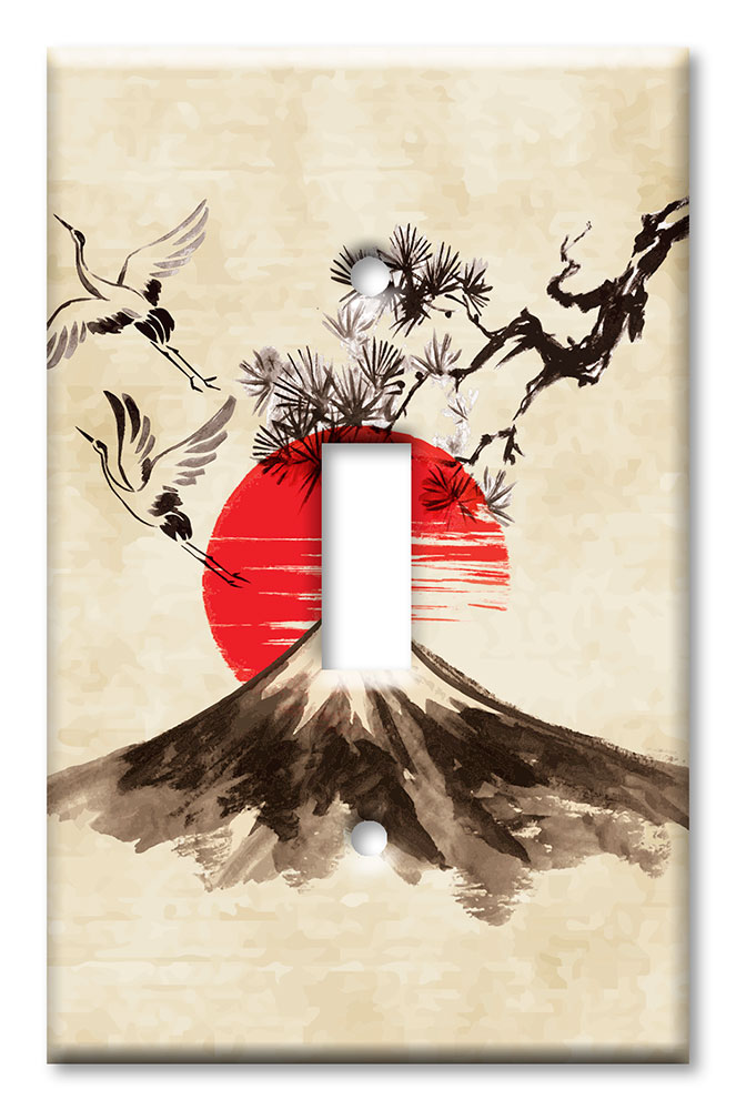 Art Plates - Decorative OVERSIZED Wall Plates & Outlet Covers - Cranes Flying Over a Volcano Drawing