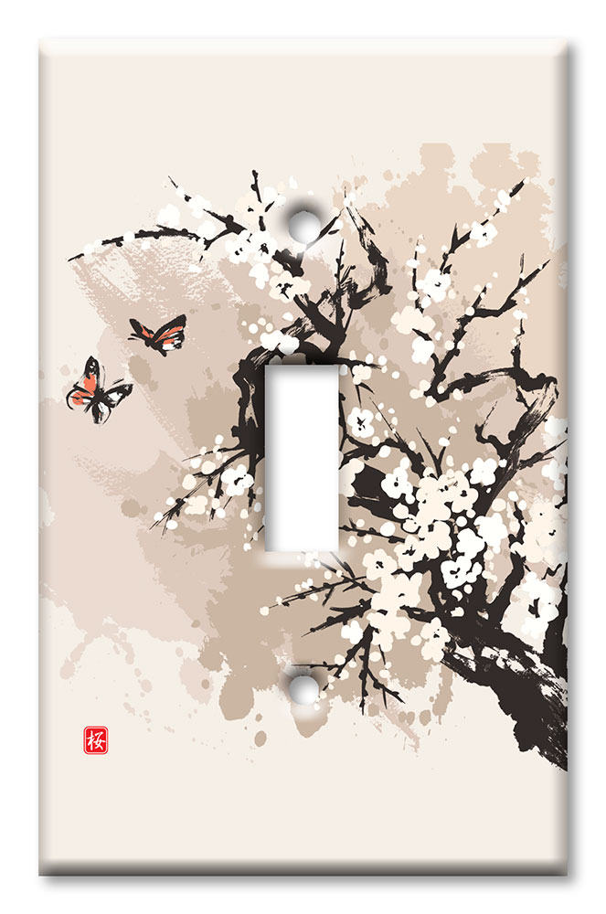 Art Plates - Decorative OVERSIZED Wall Plates & Outlet Covers - Cherry Blossoms and Butterflies
