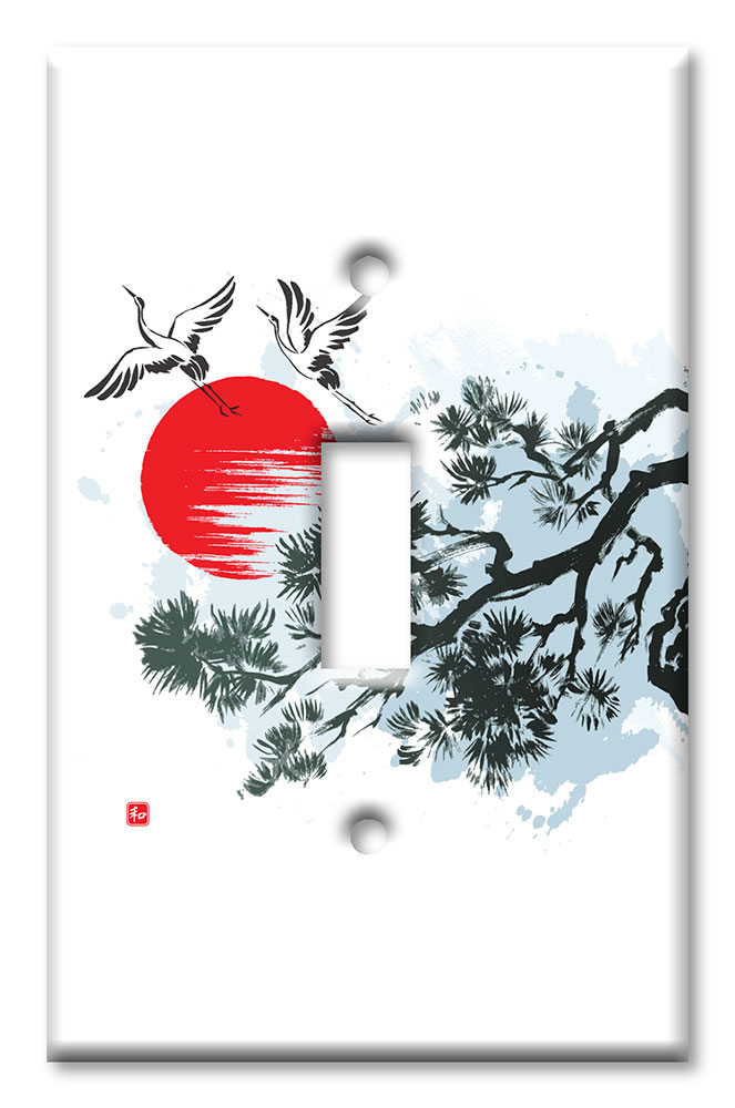 Art Plates - Decorative OVERSIZED Wall Plates & Outlet Covers - Cranes Flying by a Tree Drawing