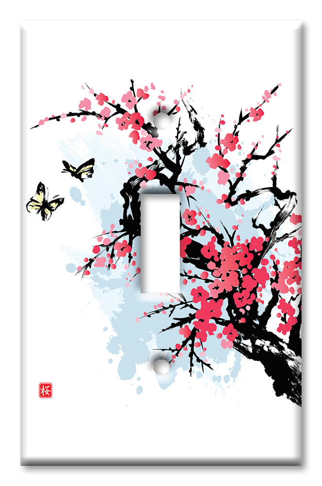 Art Plates - Decorative OVERSIZED Switch Plates & Outlet Covers - Pink Cherry Blossoms and Butterflies