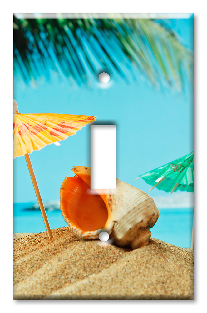 Art Plates - Decorative OVERSIZED Switch Plate - Outlet Cover - Seashell and Umbrella's on the Beach