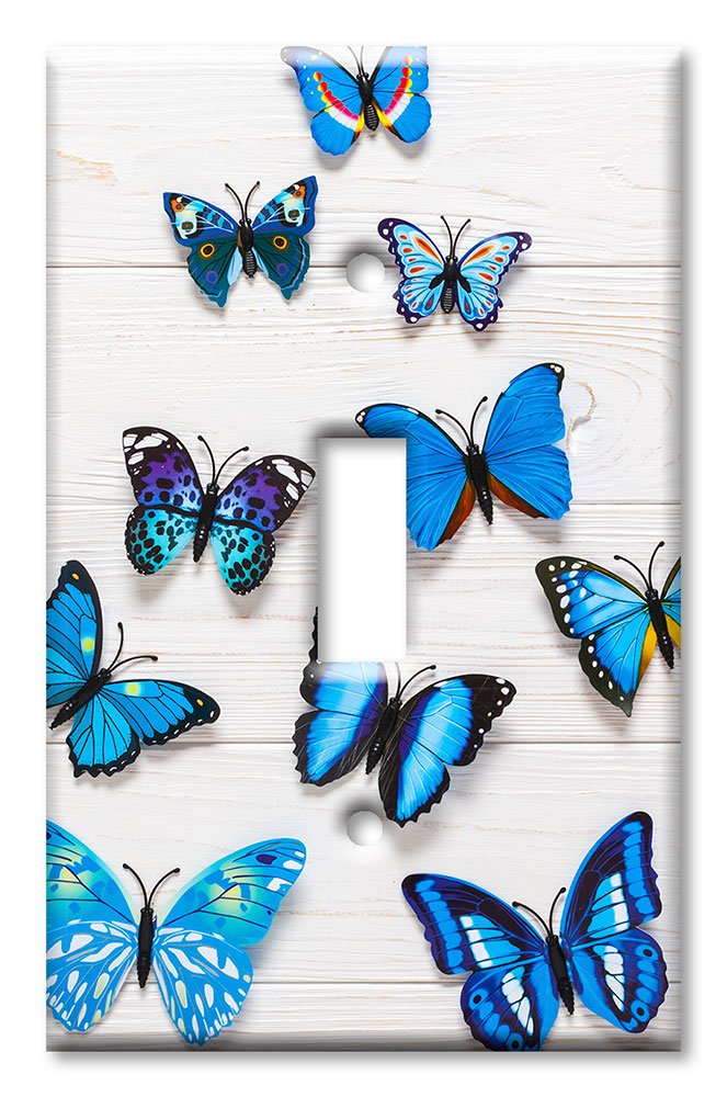 Art Plates - Decorative OVERSIZED Wall Plates & Outlet Covers - Blue Butterflies on Wood