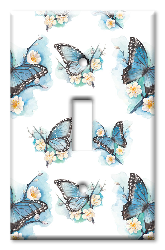 Art Plates - Decorative OVERSIZED Wall Plates & Outlet Covers - Blue Butterflies on White Flowers