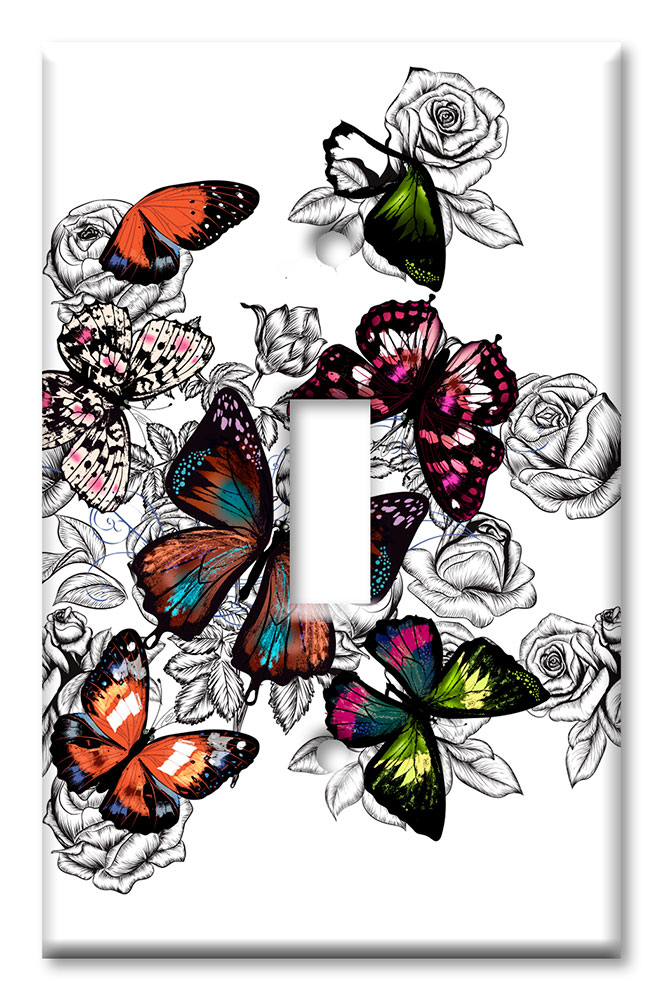 Art Plates - Decorative OVERSIZED Wall Plates & Outlet Covers - Colorful Butterflies with Roses