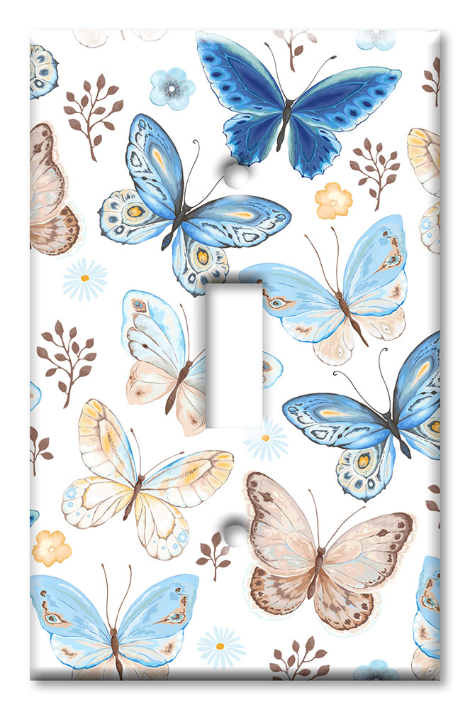 Art Plates - Decorative OVERSIZED Wall Plates & Outlet Covers - Blue and Tan Butterfly Toss