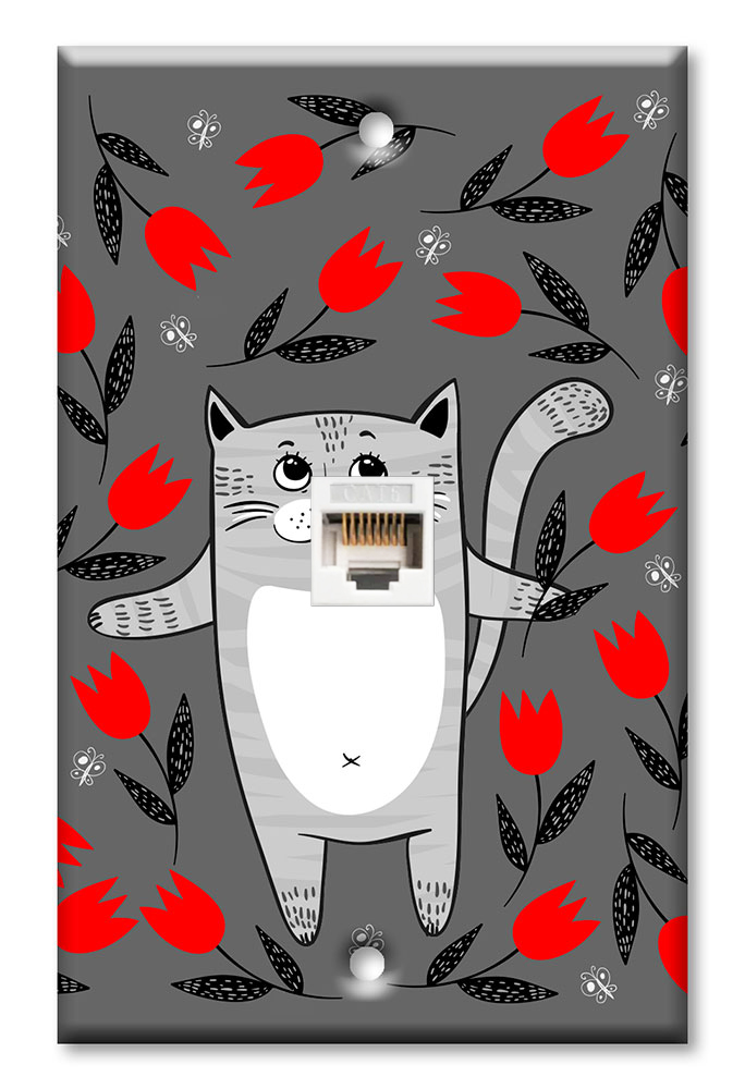 Gray Cat with Red Flowers - #2864