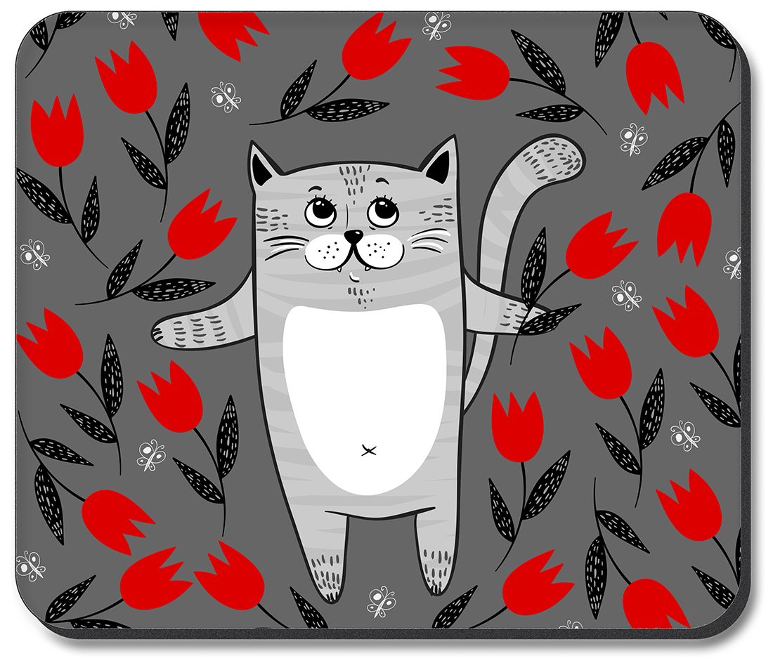 Gray Cat with Red Flowers - #2864