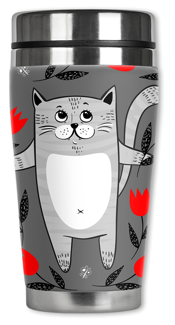 Gray Cat with Red Flowers - #2864
