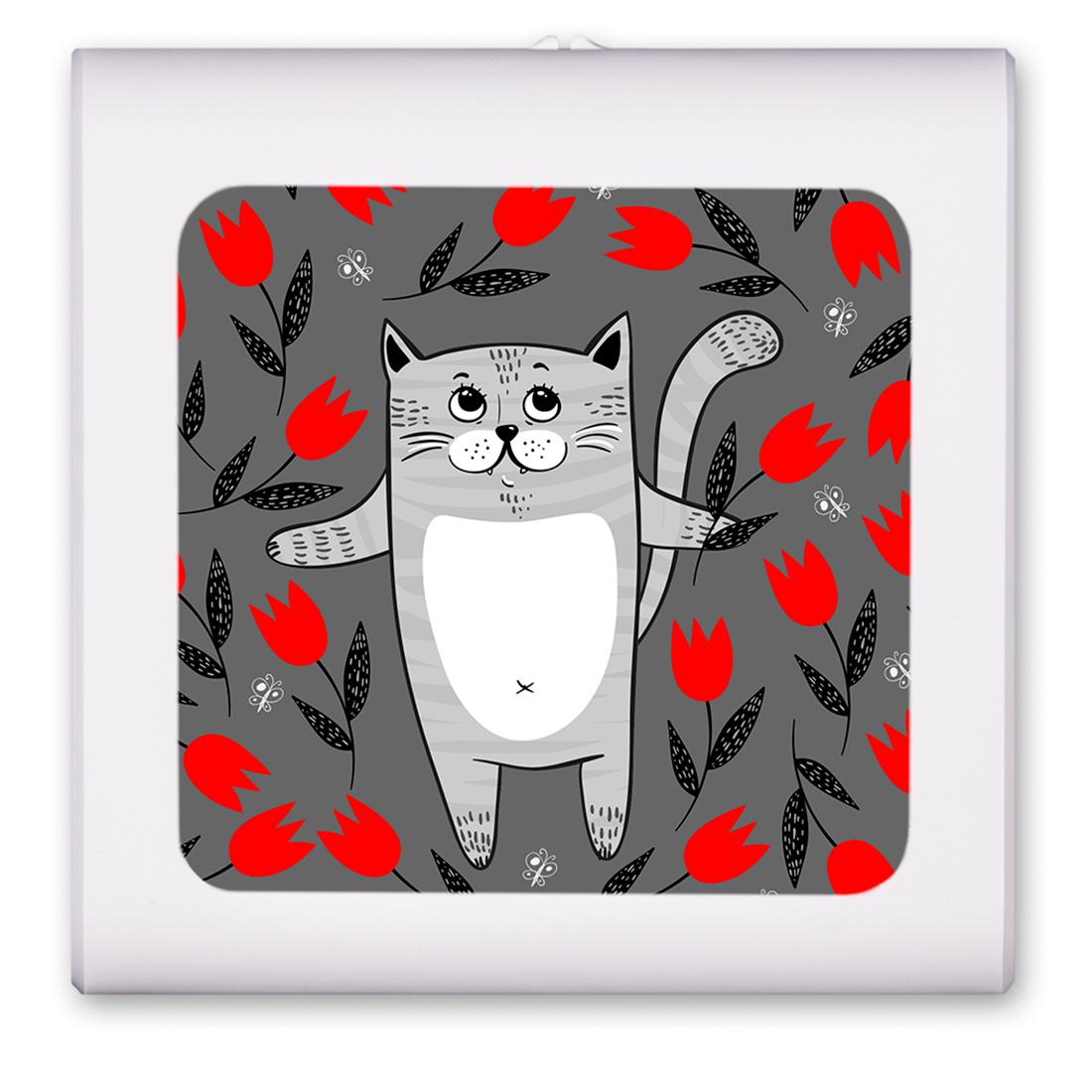 Gray Cat with Red Flowers - #2864