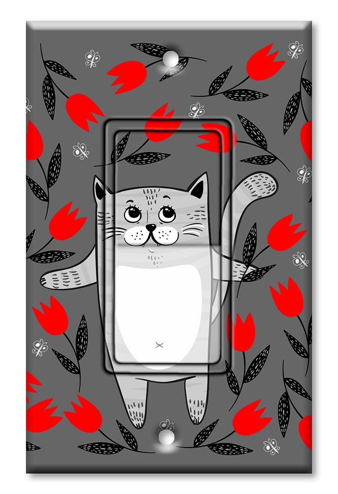 Gray Cat with Red Flowers - #2864