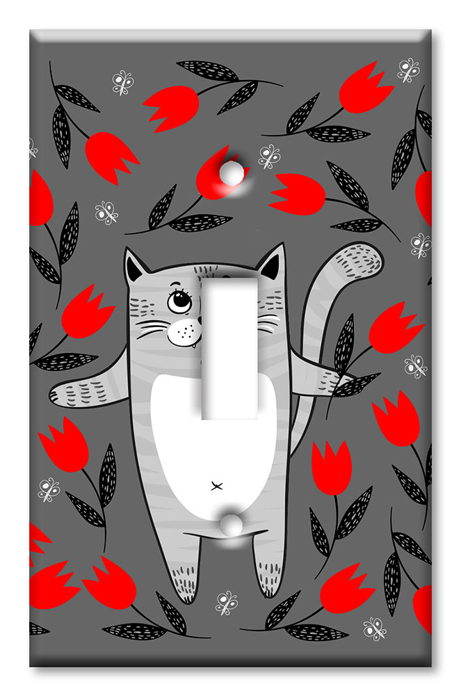 Art Plates - Decorative OVERSIZED Wall Plate - Outlet Cover - Gray Cat with Red Flowers