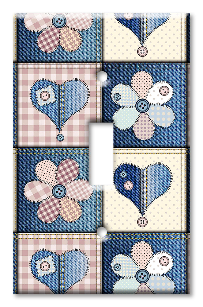 Art Plates - Decorative OVERSIZED Wall Plate - Outlet Cover - Girly Denim Fabric Squares