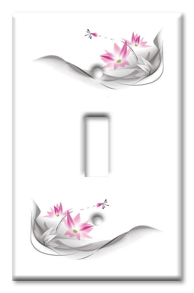 Art Plates - Decorative OVERSIZED Switch Plates & Outlet Covers - Pink Flowers and Dragonfly