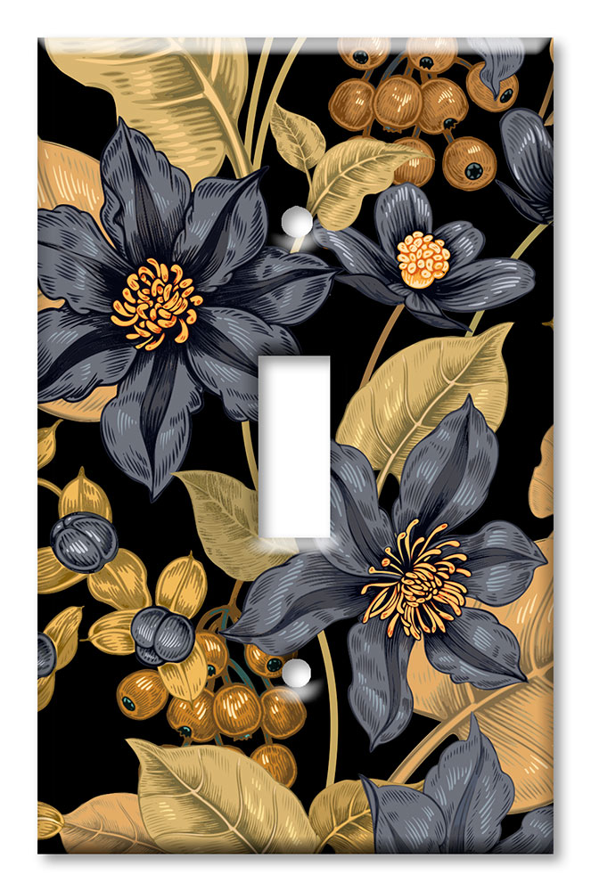 Art Plates - Decorative OVERSIZED Wall Plates & Outlet Covers - Black and Gold Flowers