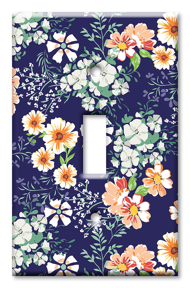 Art Plates - Decorative OVERSIZED Switch Plate - Outlet Cover - White Flowers on Blue Background