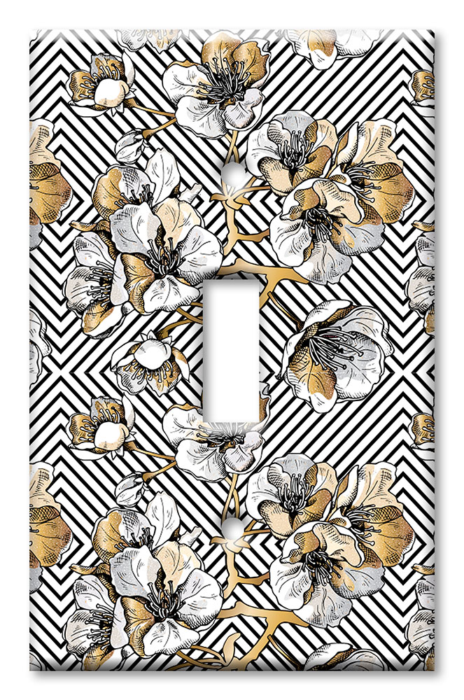 Art Plates - Decorative OVERSIZED Switch Plate - Outlet Cover - White and Gold Flowers