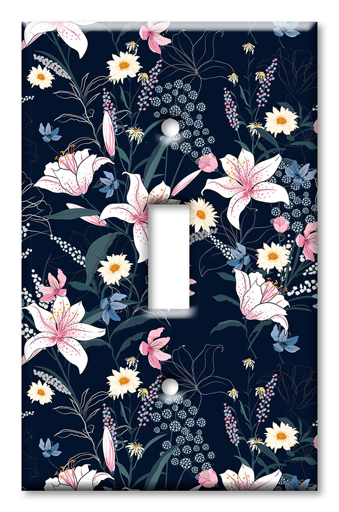 Art Plates - Decorative OVERSIZED Switch Plates & Outlet Covers - Pink and White Flowers with Blue