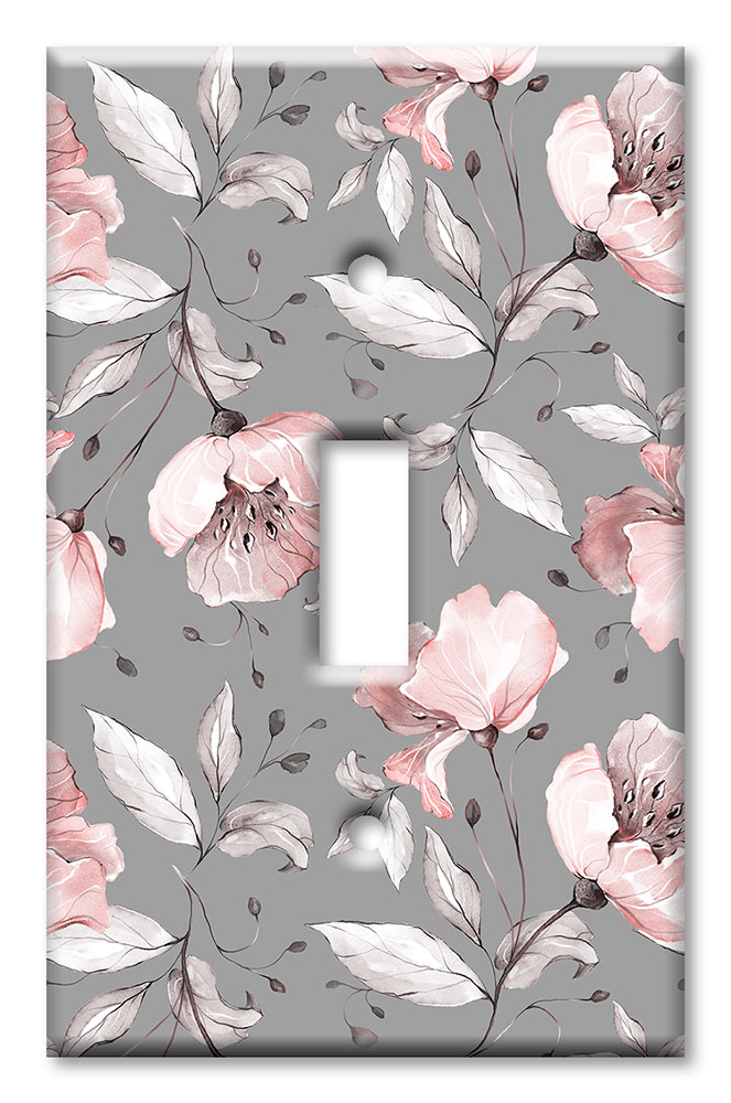 Art Plates - Decorative OVERSIZED Wall Plate - Outlet Cover - Gray and Pink Flower Toss