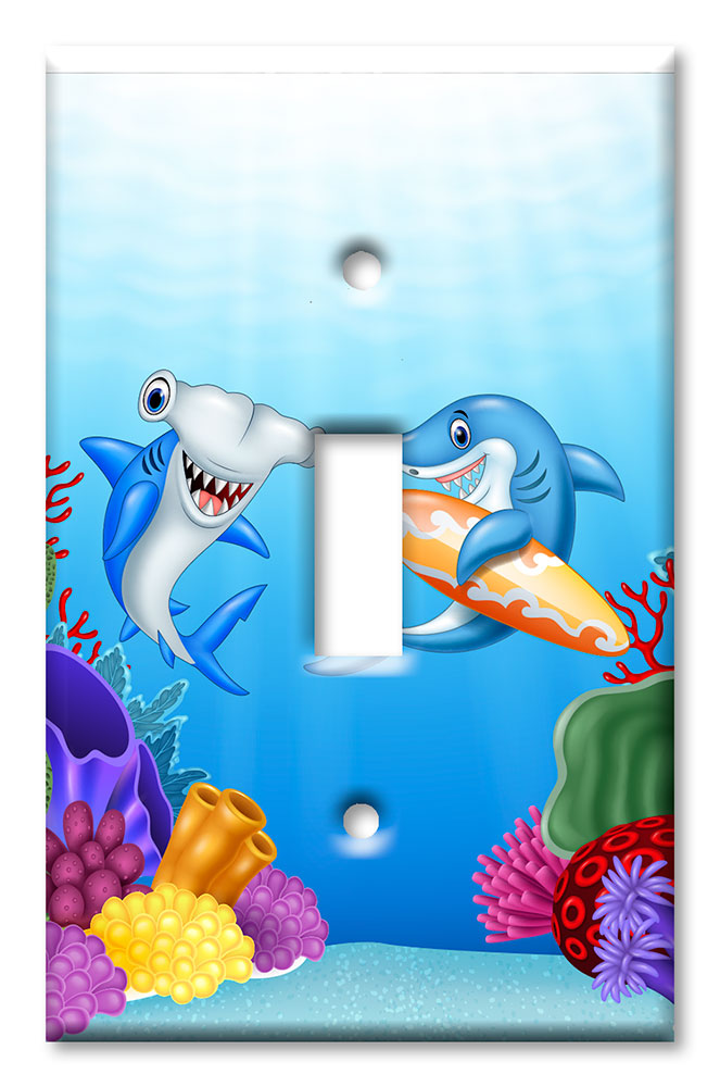Art Plates - Decorative OVERSIZED Wall Plate - Outlet Cover - Friendly Sharks