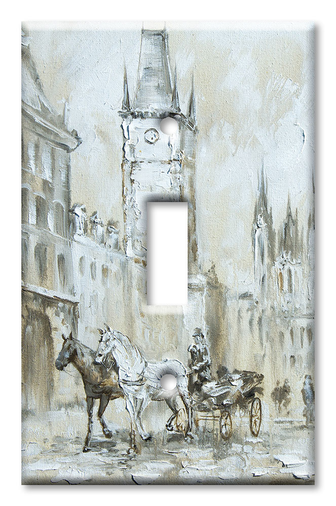 Art Plates - Decorative OVERSIZED Wall Plate - Outlet Cover - Horse Drawn Carriage in London