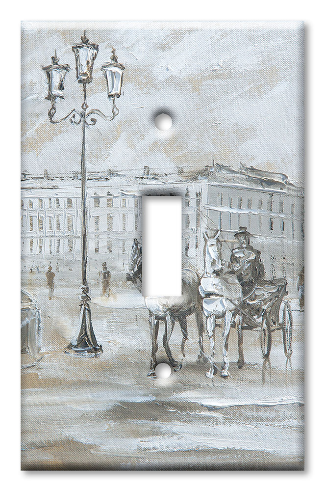 Art Plates - Decorative OVERSIZED Wall Plate - Outlet Cover - Horse Drawn Carriage in the Streets