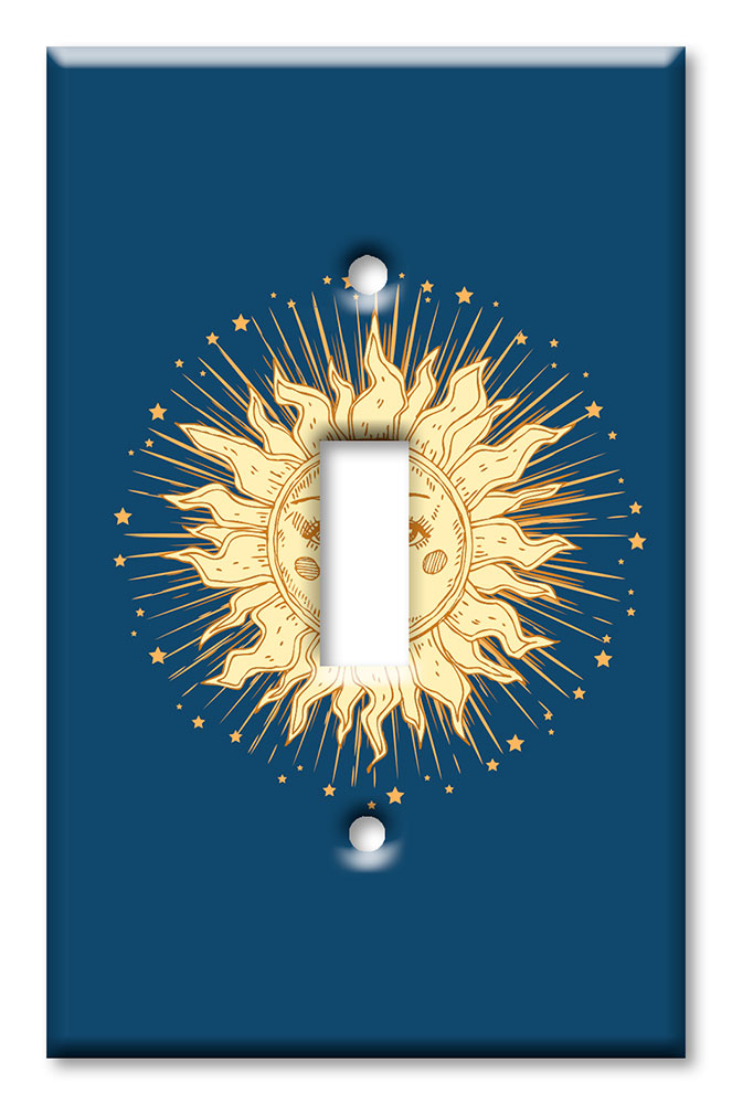 Art Plates - Decorative OVERSIZED Wall Plate - Outlet Cover - Golden Sun with Blue Background