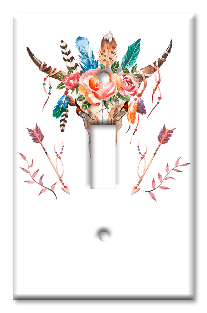 Art Plates - Decorative OVERSIZED Wall Plates & Outlet Covers - Bull Skull Flowers and Arrows