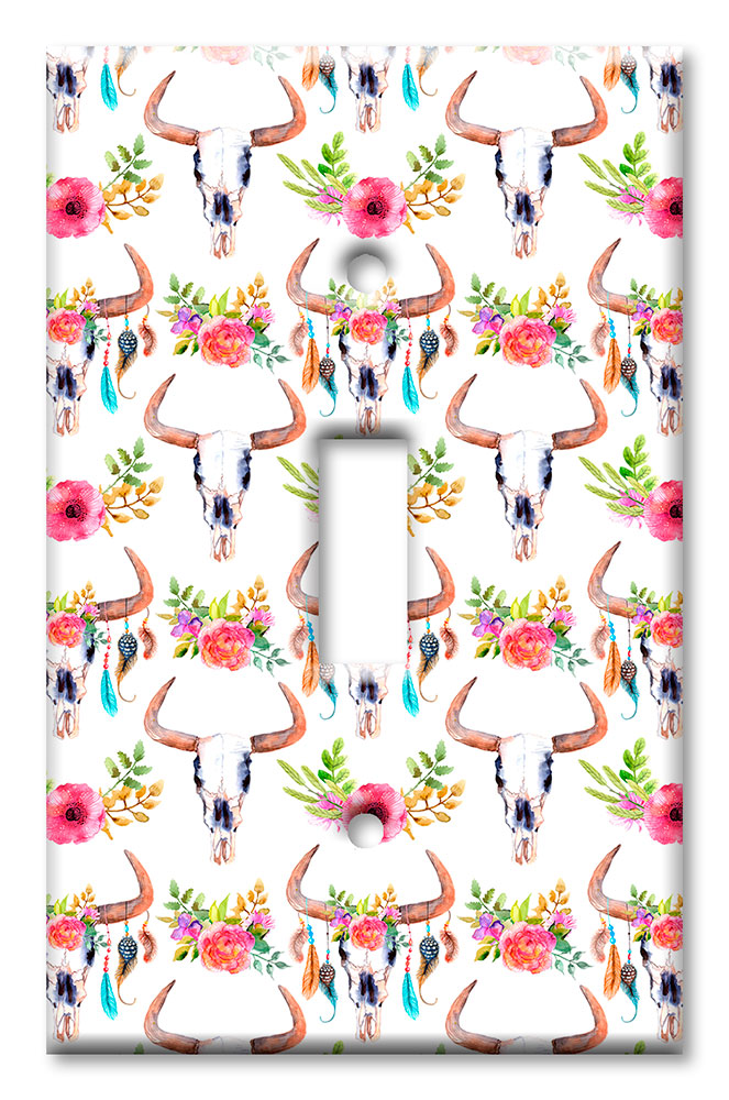 Art Plates - Decorative OVERSIZED Wall Plates & Outlet Covers - Bull Skull and Flowers Toss