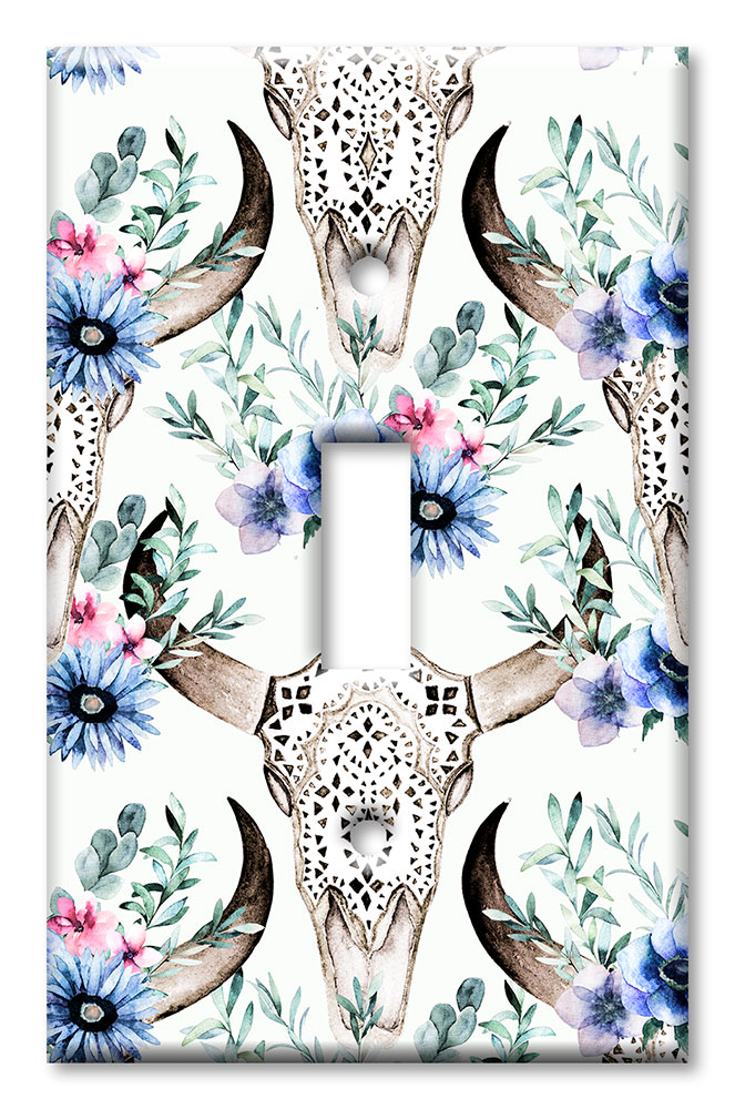 Art Plates - Decorative OVERSIZED Wall Plates & Outlet Covers - Bull Skull and Blue Flowers