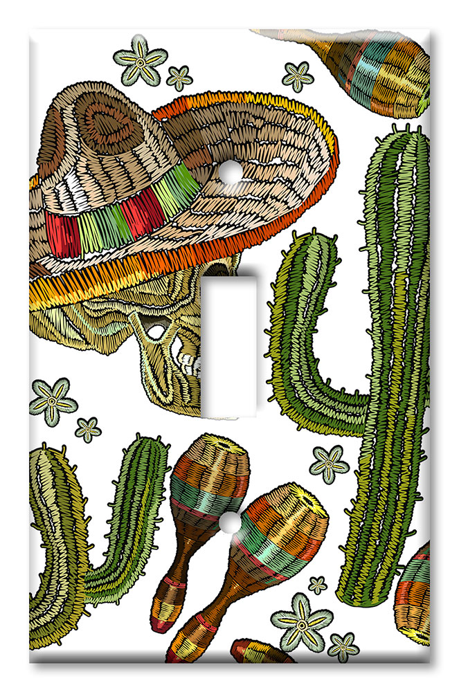 Art Plates - Decorative OVERSIZED Switch Plate - Outlet Cover - Skulls and Cactus White Background