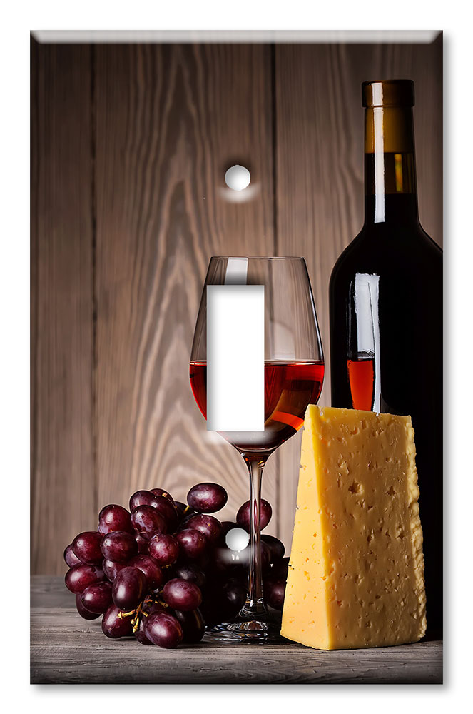 Art Plates - Decorative OVERSIZED Wall Plate - Outlet Cover - Glass of Red Wine and Cheese
