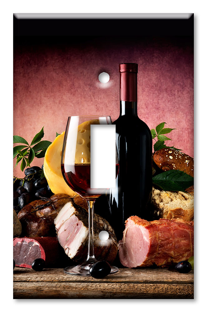 Art Plates - Decorative OVERSIZED Switch Plate - Outlet Cover - Red Wine with Meat and Cheese