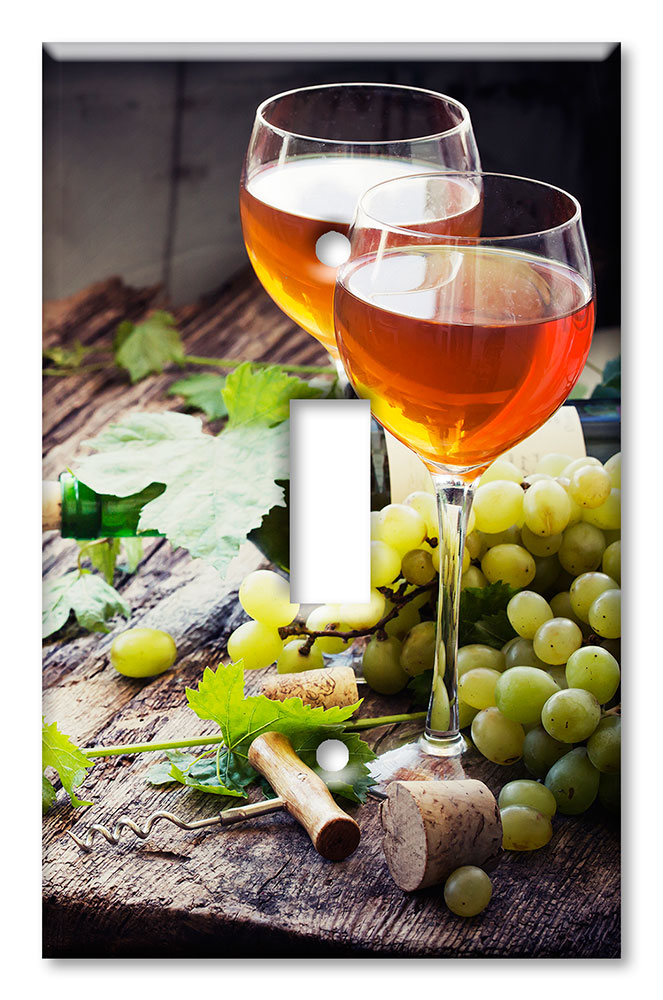 Art Plates - Decorative OVERSIZED Switch Plate - Outlet Cover - White Wine, Grapes and Corks