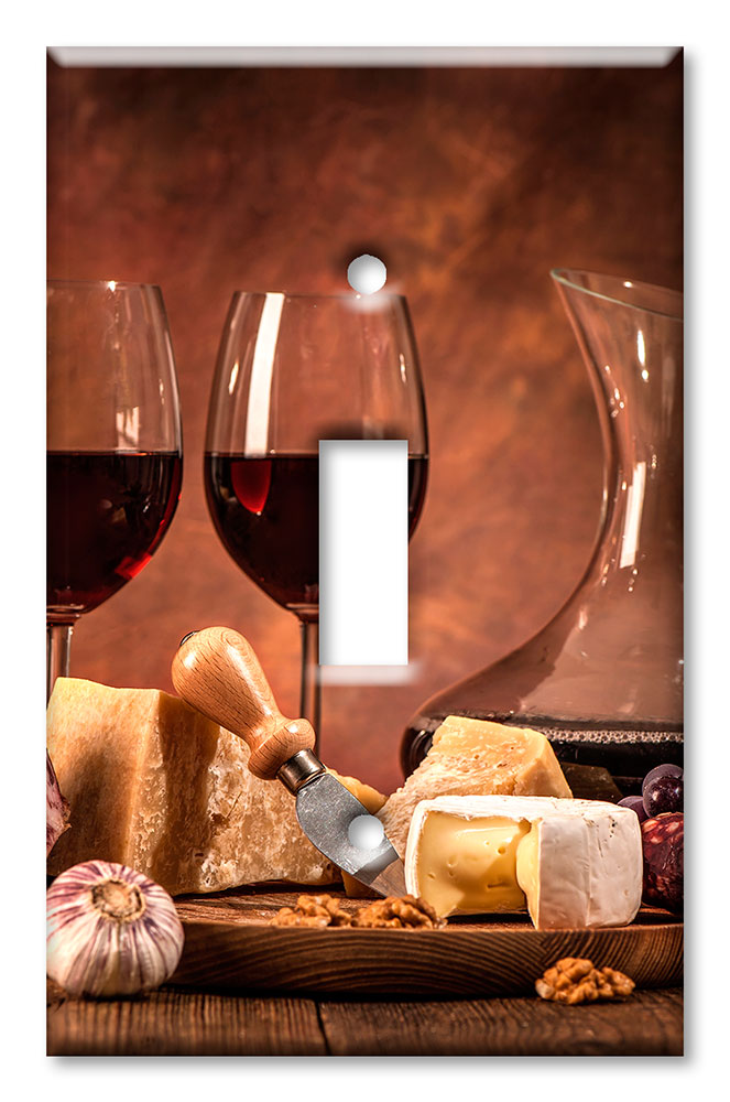 Art Plates - Decorative OVERSIZED Switch Plate - Outlet Cover - Red Wine, Meat and Cheese