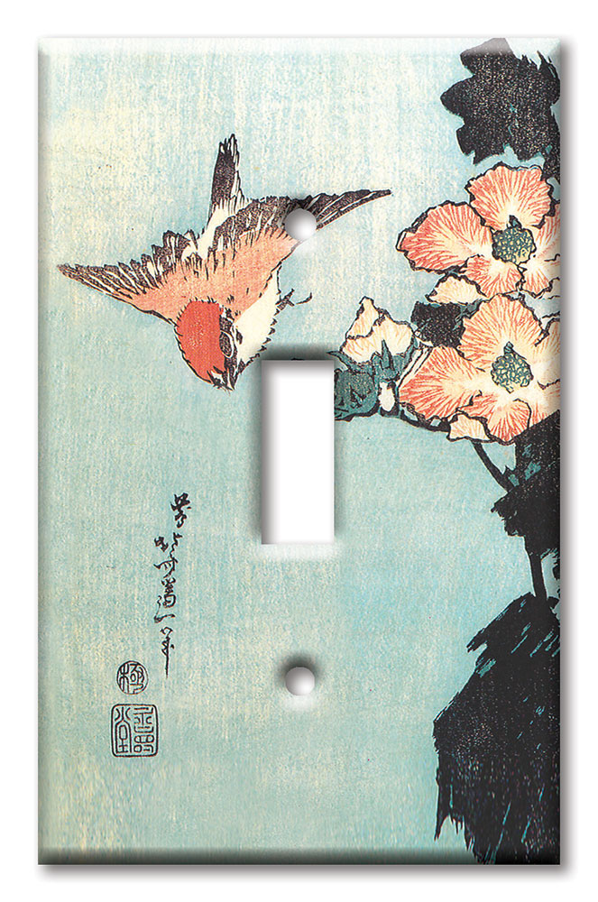 Art Plates - Decorative OVERSIZED Wall Plate - Outlet Cover - Hokusai: Hibiscus and Sparrow