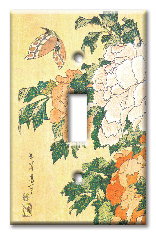Art Plates - Decorative OVERSIZED Wall Plate - Outlet Cover - Hokusai: Peonies and Butterfly
