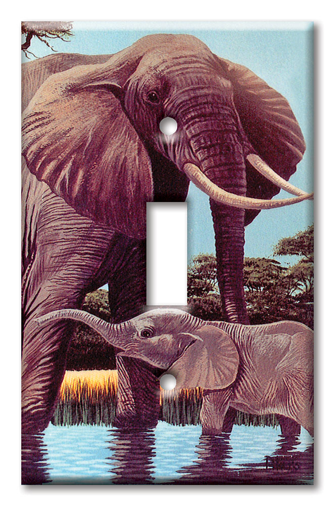 Art Plates - Decorative OVERSIZED Wall Plate - Outlet Cover - Elephants